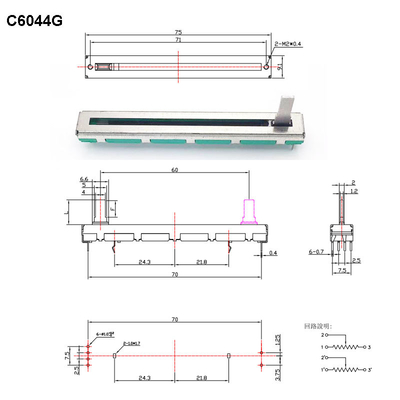C6044G Çift Potansiyometre Karbon Film Slayt Potansiyometre 60mm Seyahat 5K 10K Lineer Stereo Potansiyometre